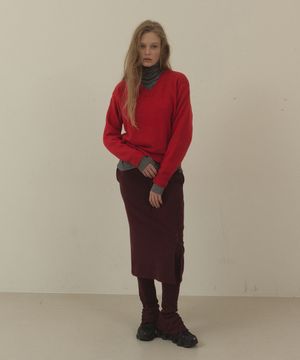 BUTTON SLIT BANDING H-LINE MIDI SKIRT (WINE)