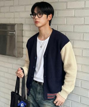소매 배색 니트 가디건 - 2color