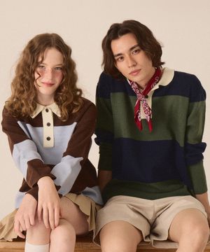 스트라이프 버튼 카라 니트 -2color