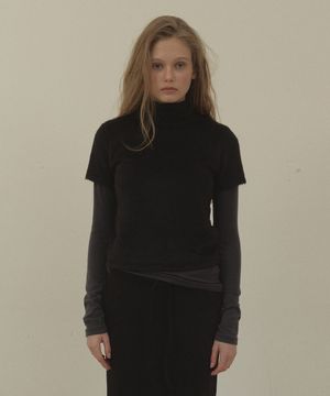 PLUFFY MOCK NECK HALF SLEEVE T SHIRT (BLACK)