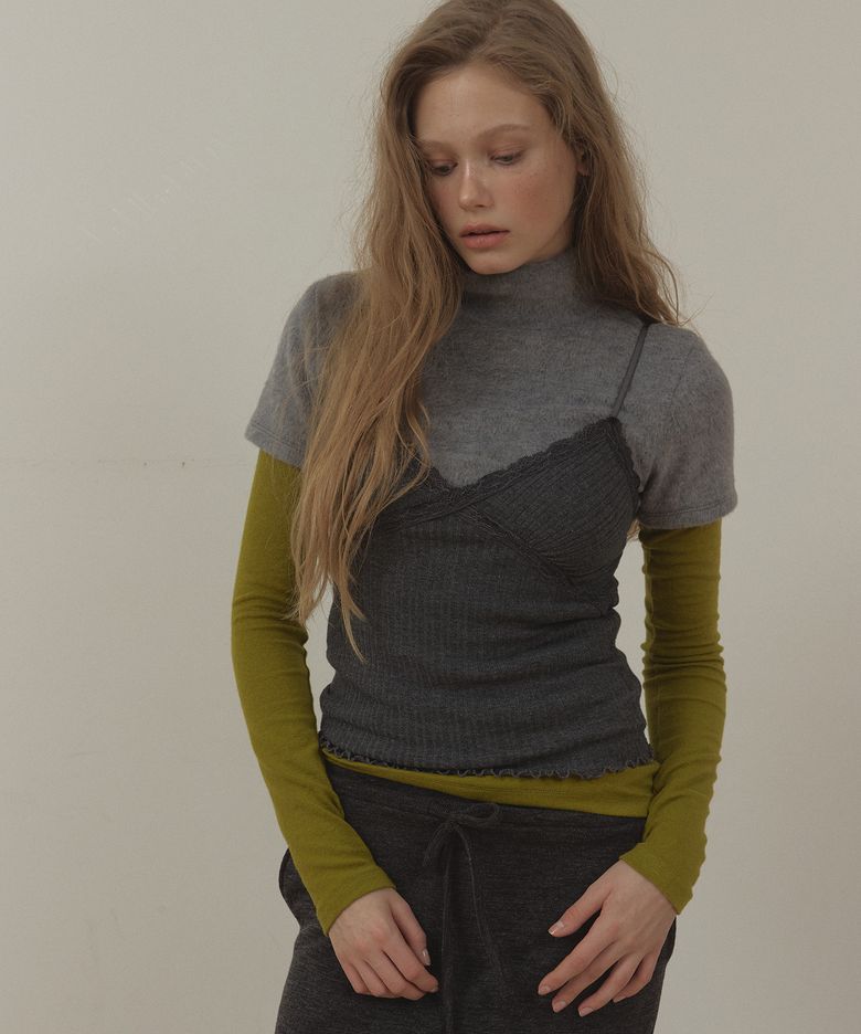 PLUFFY MOCK NECK HALF SLEEVE T SHIRT (GREY)