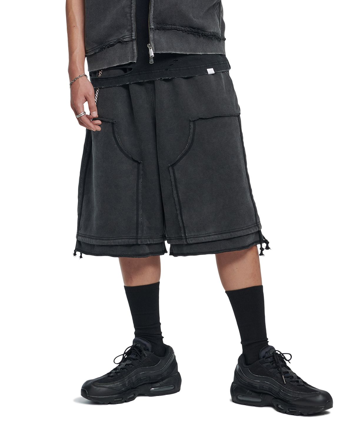 노매뉴얼(NOMANUAL) DOUBLE KNEE SWEAT SHORTS - WASHED BLACK