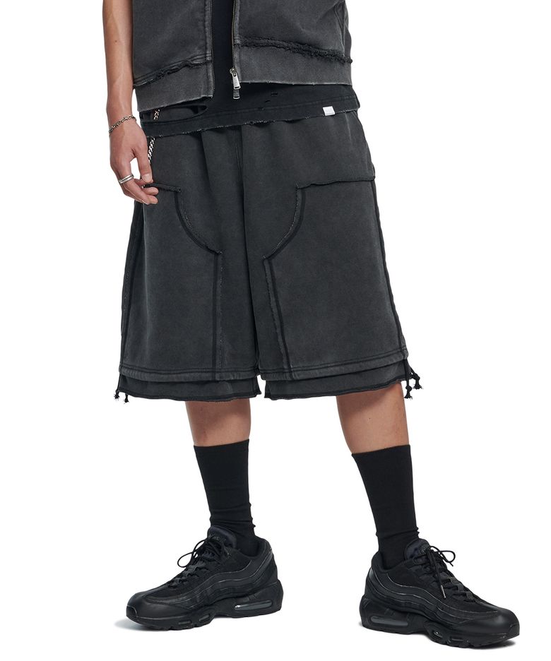 DOUBLE KNEE SWEAT SHORTS - WASHED BLACK