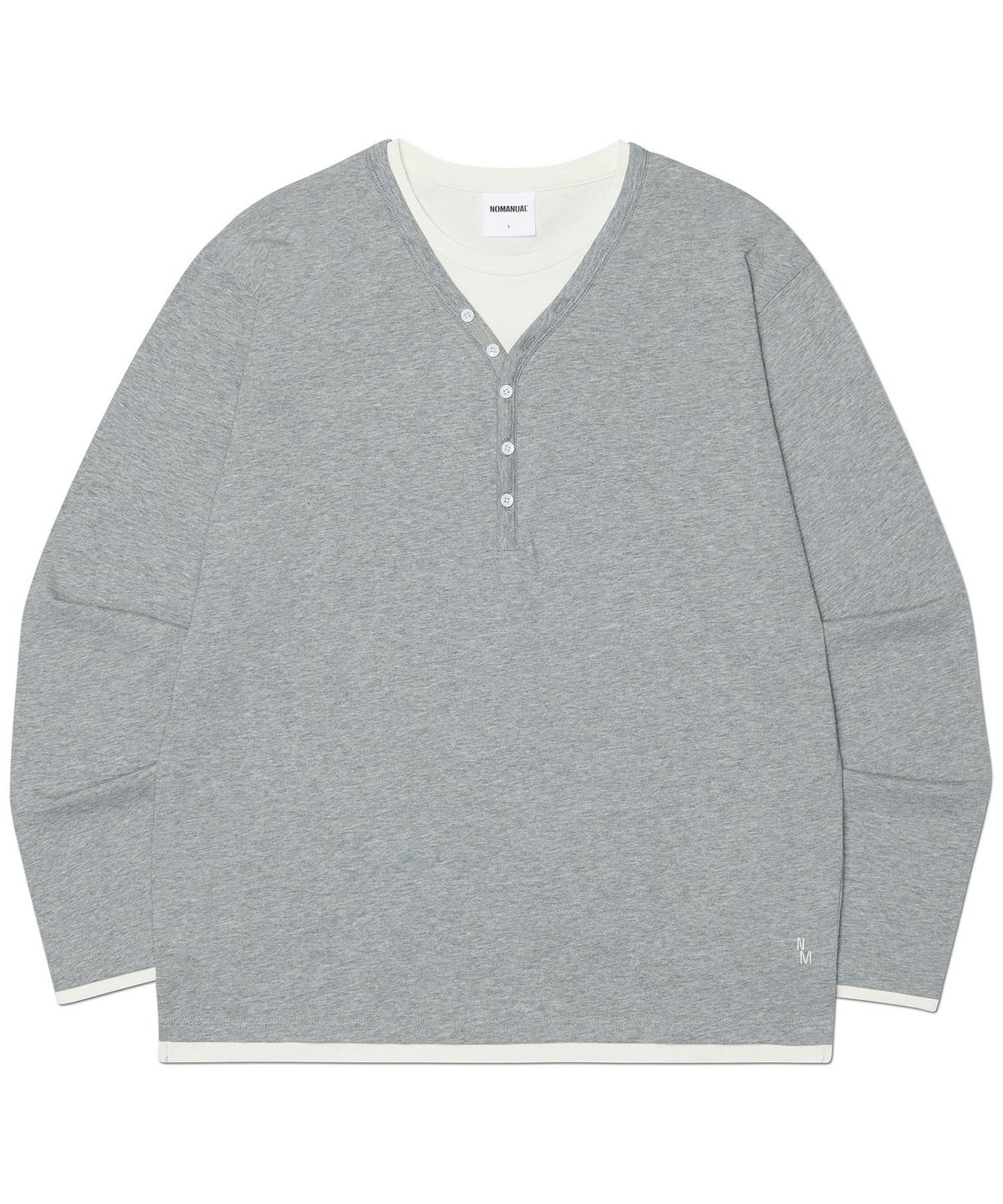 노매뉴얼(NOMANUAL) LAYERED HENLEY NECK LONG SLEEVE TEE - GRAY
