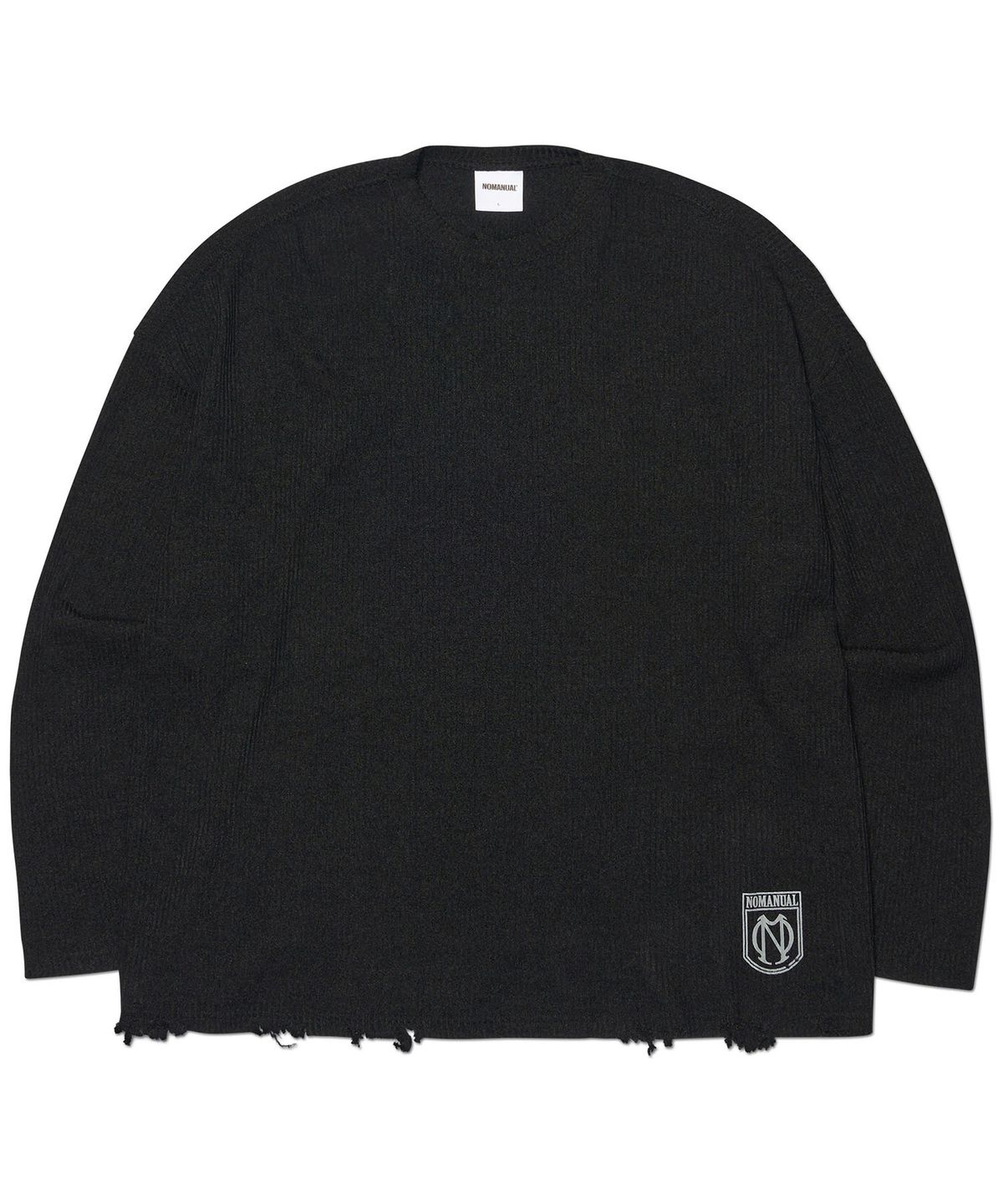 노매뉴얼(NOMANUAL) EMBLEM DAMAGED KNIT LONG SLEEVE TEE - BLACK