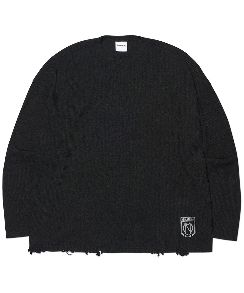 EMBLEM DAMAGED KNIT LONG SLEEVE TEE - BLACK