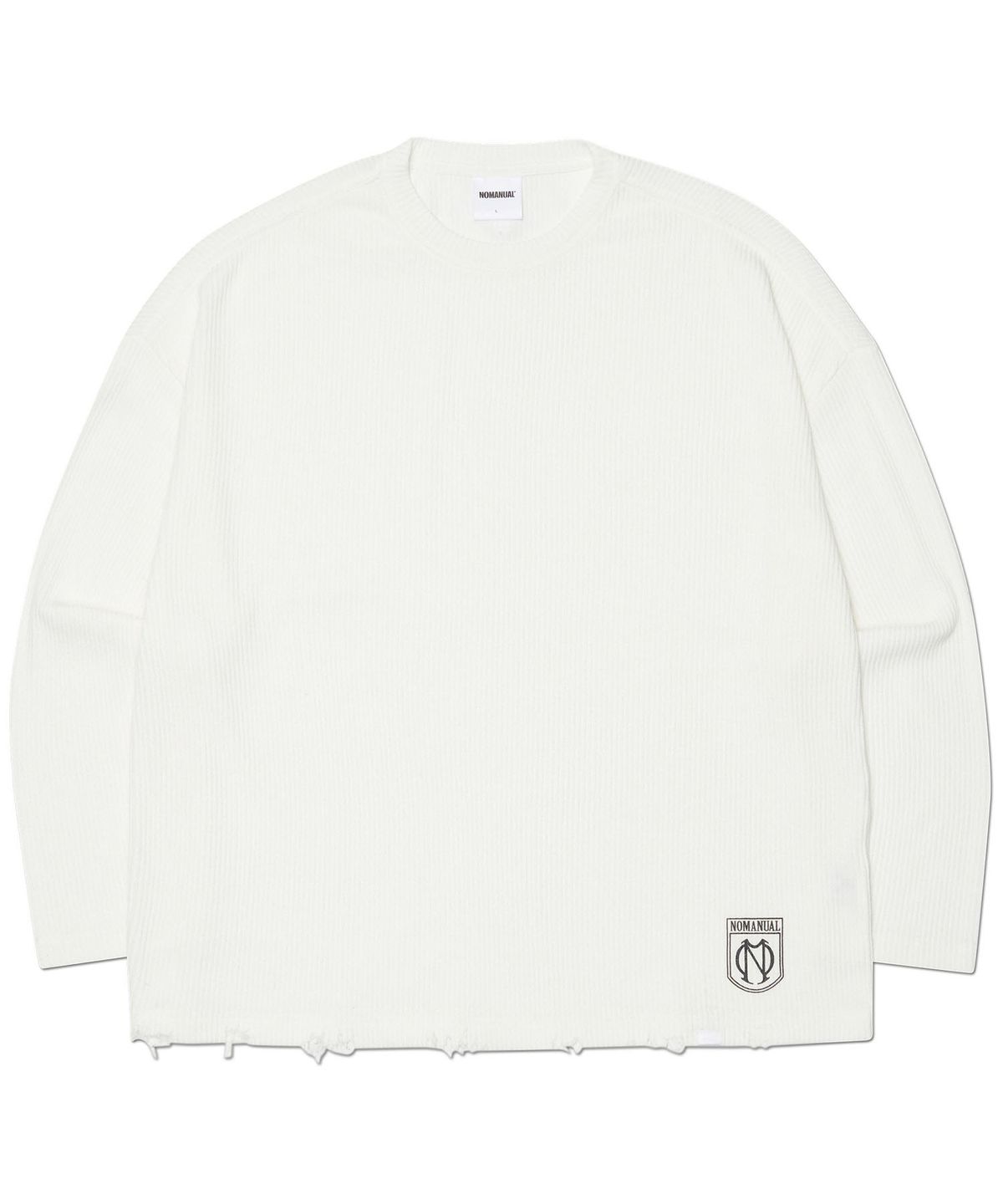 노매뉴얼(NOMANUAL) EMBLEM DAMAGED KNIT LONG SLEEVE TEE - WHITE