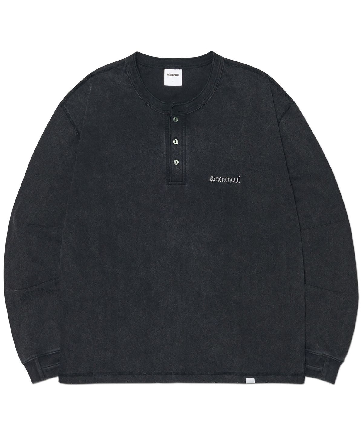 노매뉴얼(NOMANUAL) DAMAGED HENLEY NECK SHIRT - WASHED BLACK
