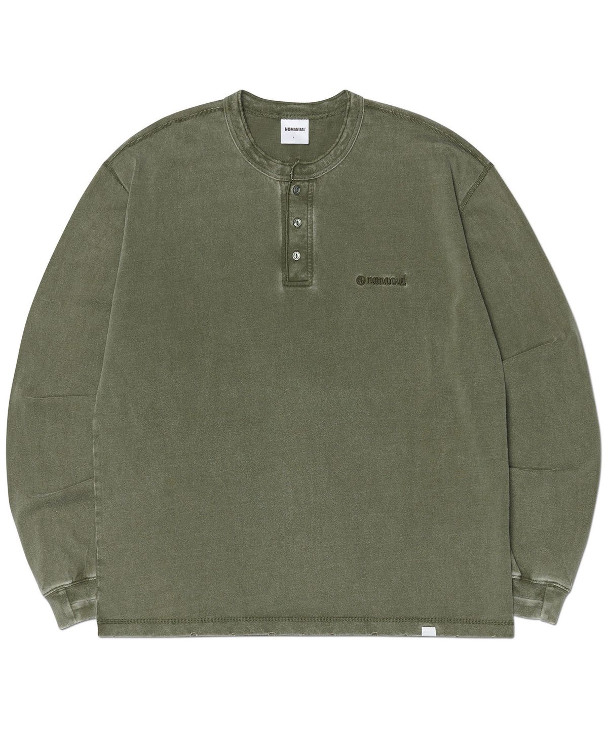 노매뉴얼(NOMANUAL) DAMAGED HENLEY NECK SHIRT - WASHED KHAKI