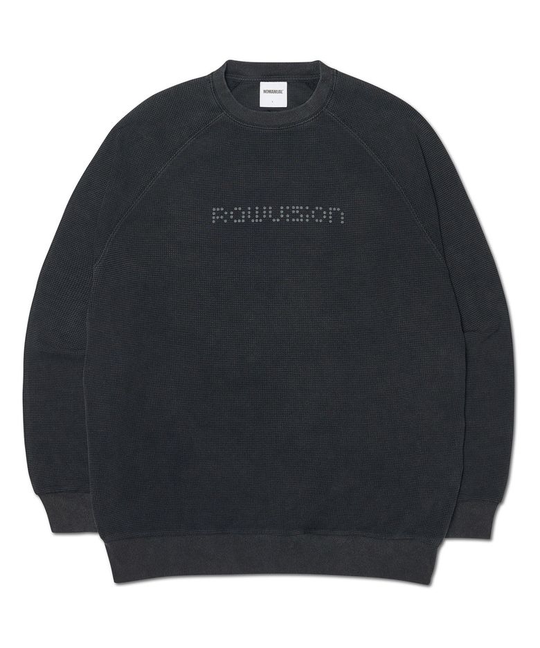 DOT MATRIX TEXT WAFFLE LONG SLEEVE TEE - WASHED CHARCOAL