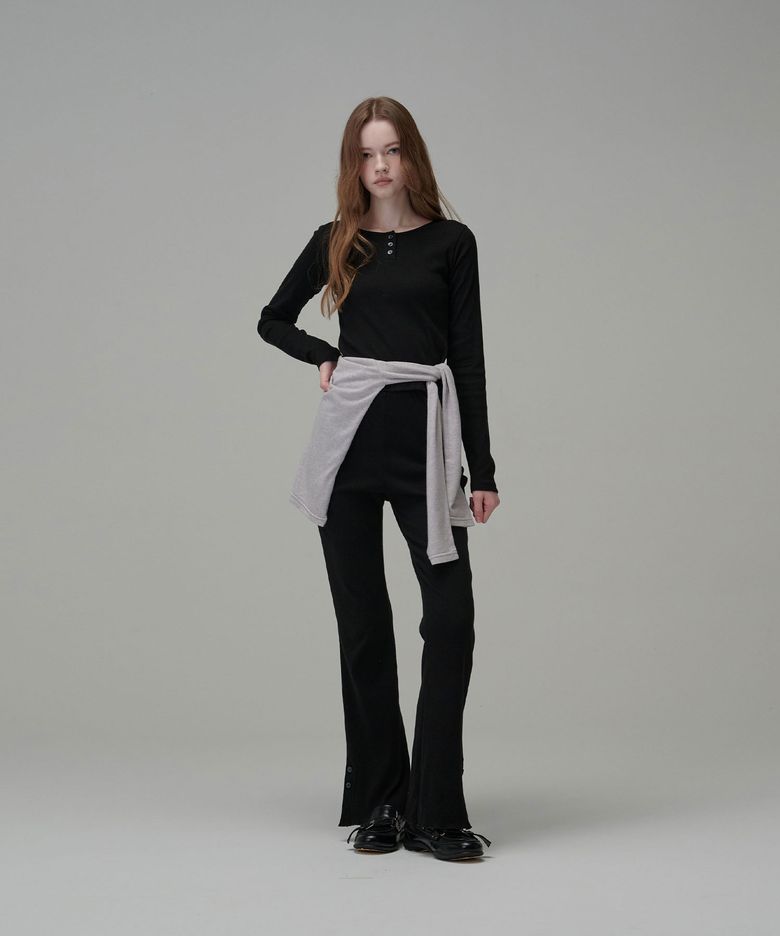 [Set-Up] Cotton Henley-neck Top&Side Button Pants_Black