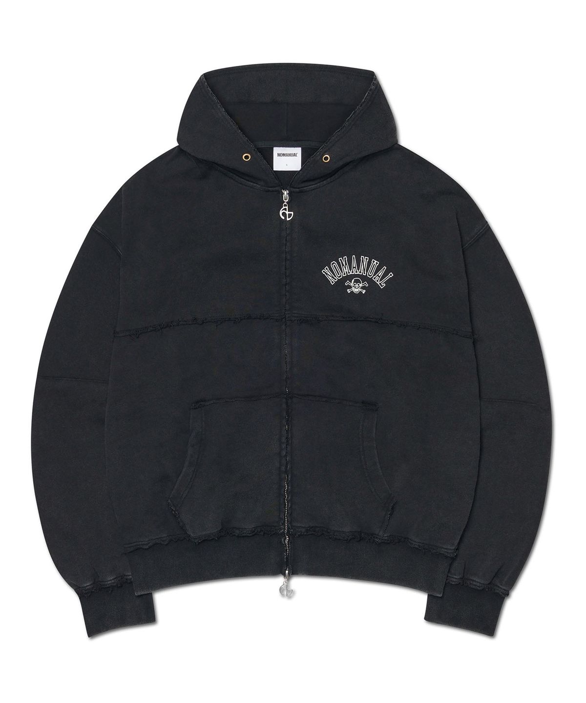 노매뉴얼(NOMANUAL) RAW EDGE HOODED ZIP-UP - WASHED BLACK