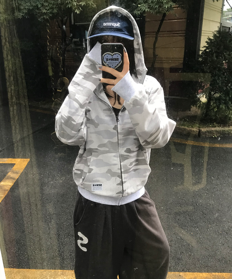 하이넥 white camo (세미오버) 후드집업