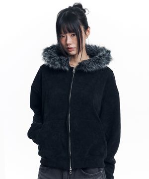 골지 니트 퍼 후드 집업 - 블랙