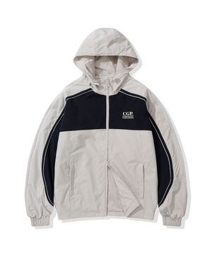 배색 파이핑 후드 바람막이-크림