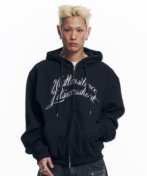프론트 레터링 후드 집업 - 블랙