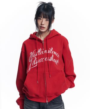프론트 레터링 후드 집업 - 레드
