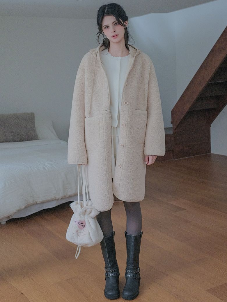 Hooded Faux Shearling Coat 3colors