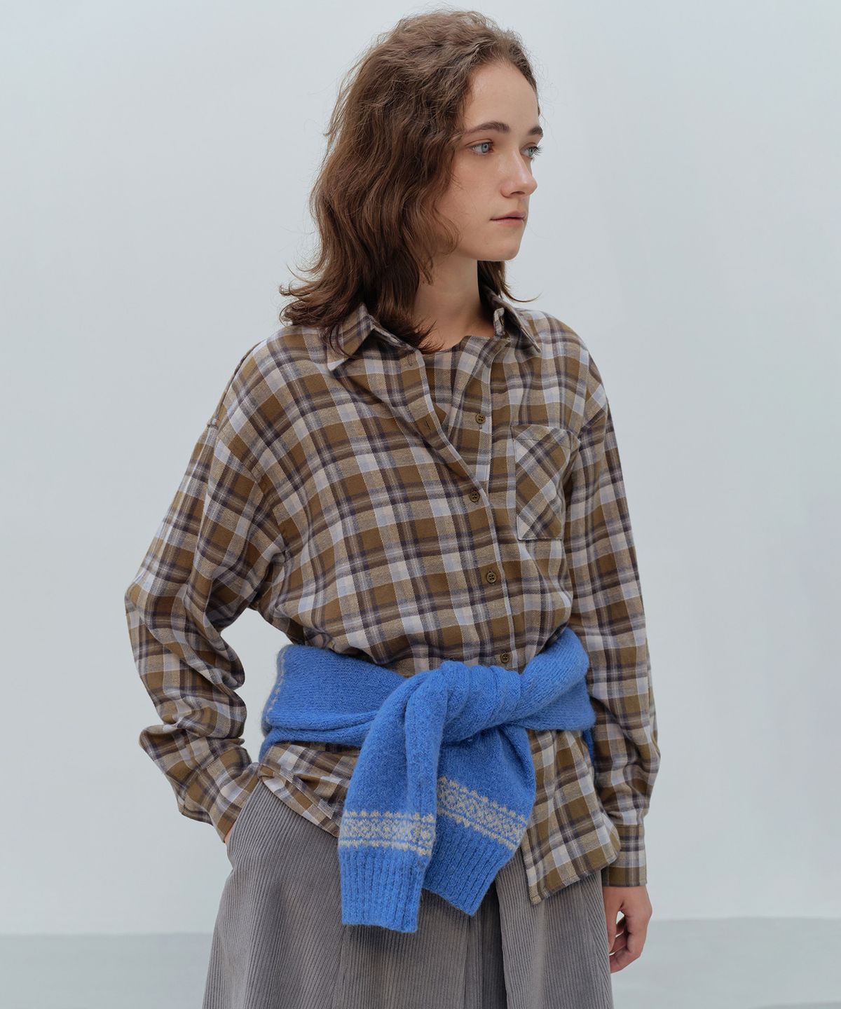 더라이(THERYE) Check Cowl Neck Shirt(Olive)