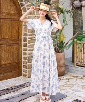 여성 펀칭 플라워 랩 반팔 휴양지 롱 원피스 HI187