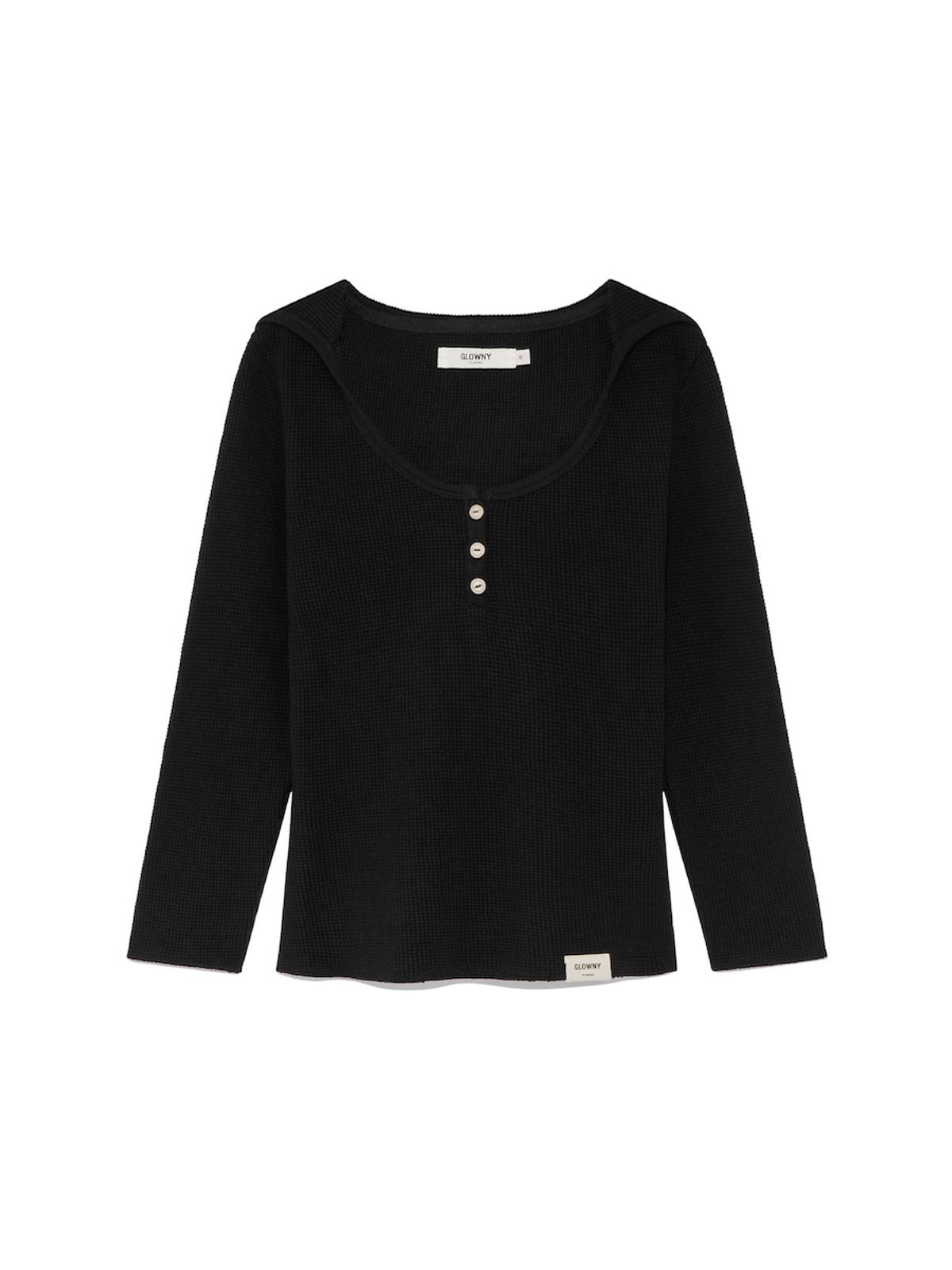 글로니(GLOWNY) 3/4 G WAFFLE BUTTON FLY TEE (BLACK)