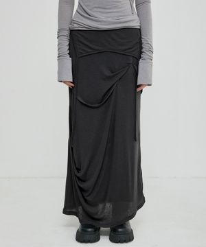 Asymmetrical Draped Long Skirt (FL-263_Black)
