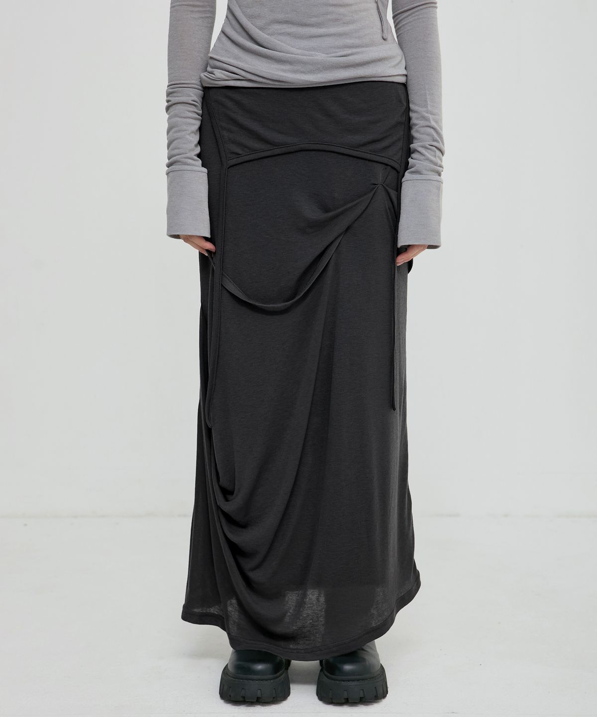 플레어업(FLAREUP) Asymmetrical Draped Long Skirt (FL-263_Black)