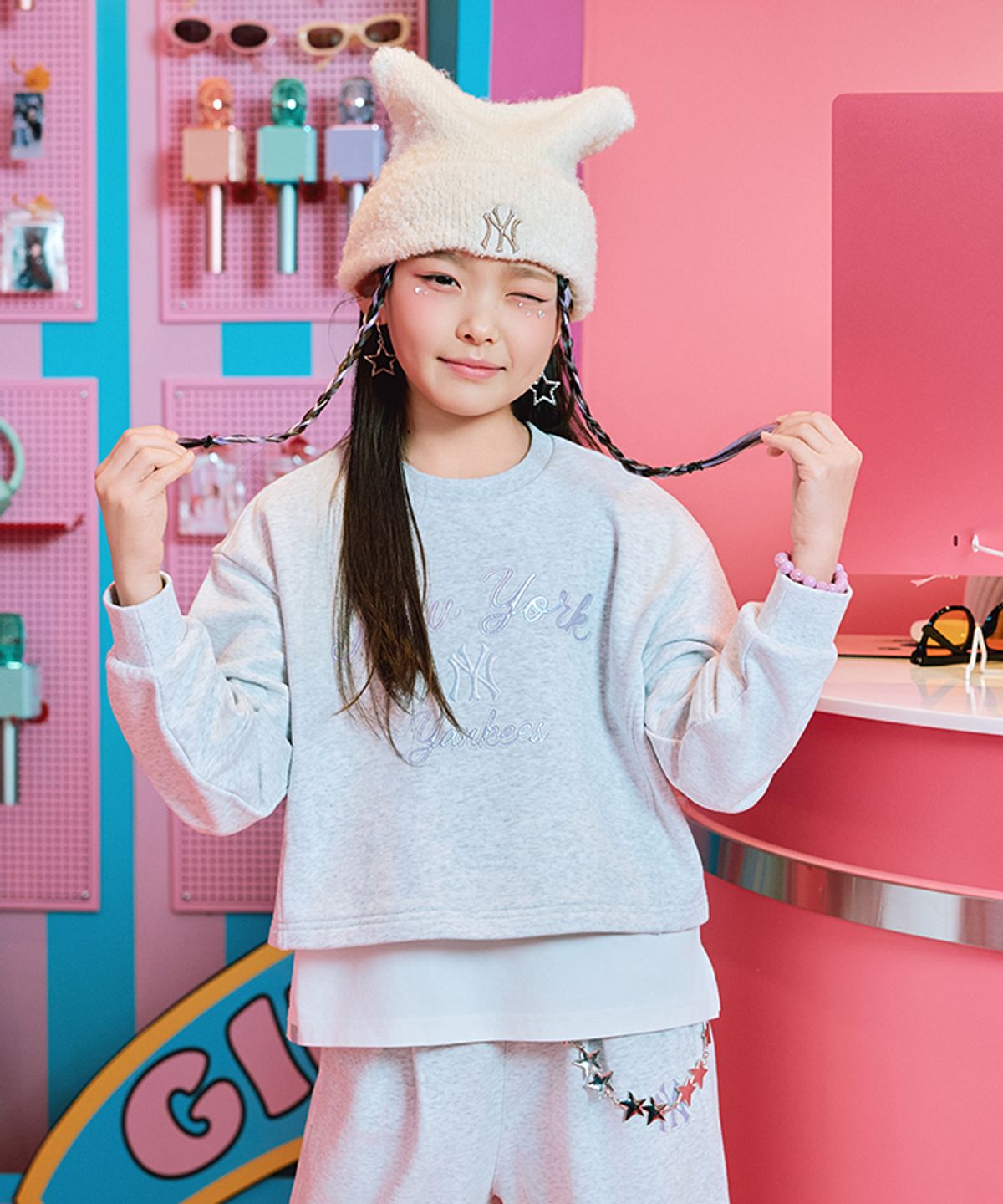 엠엘비 키즈(MLB KIDS) 스포티브 애슬레저 레이어드 맨투맨세트 (여아) NY (L.Melange Grey)