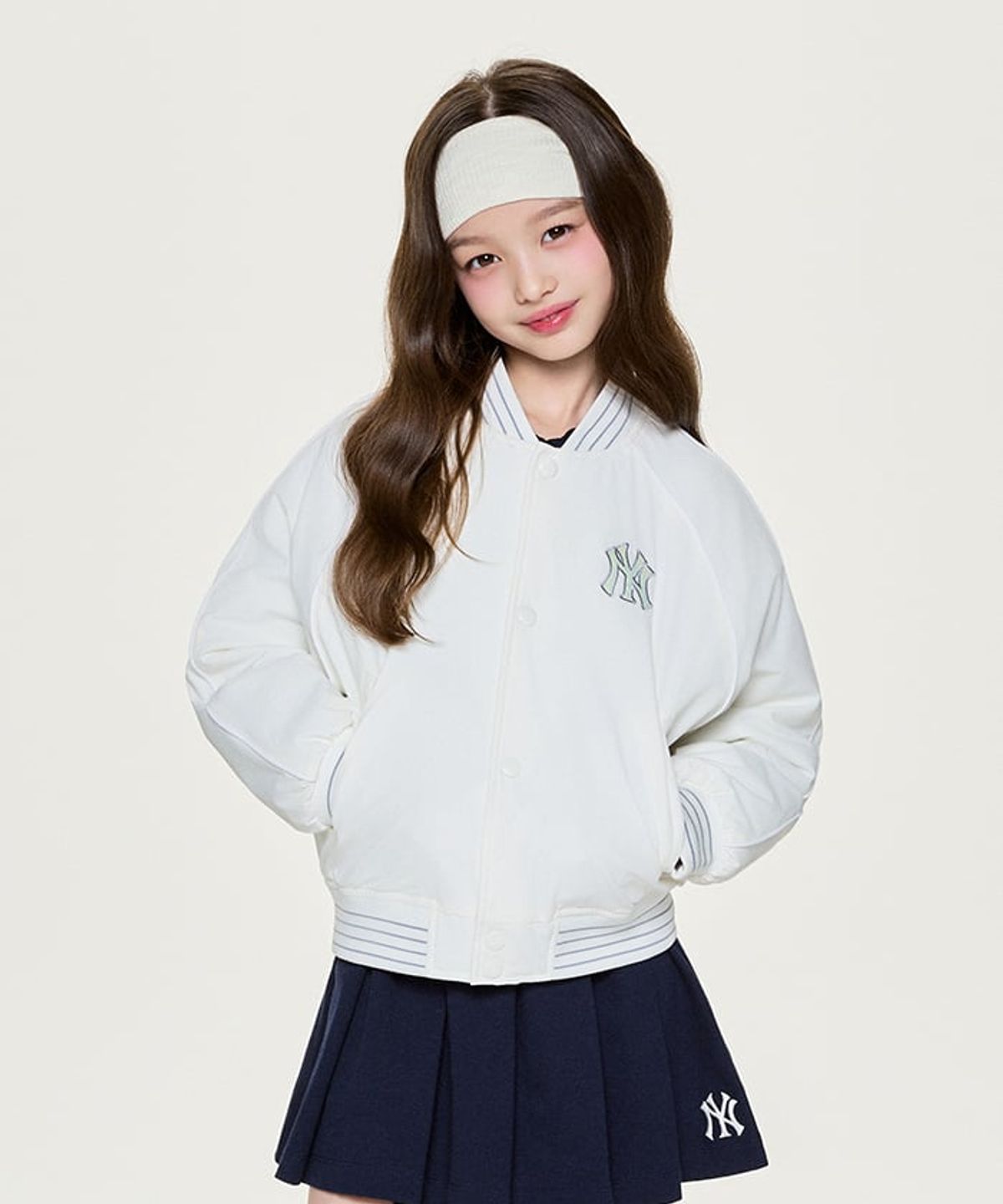 엠엘비 키즈(MLB KIDS) 걸스 나일론 크롭 패딩 점퍼 NY (Ivory)