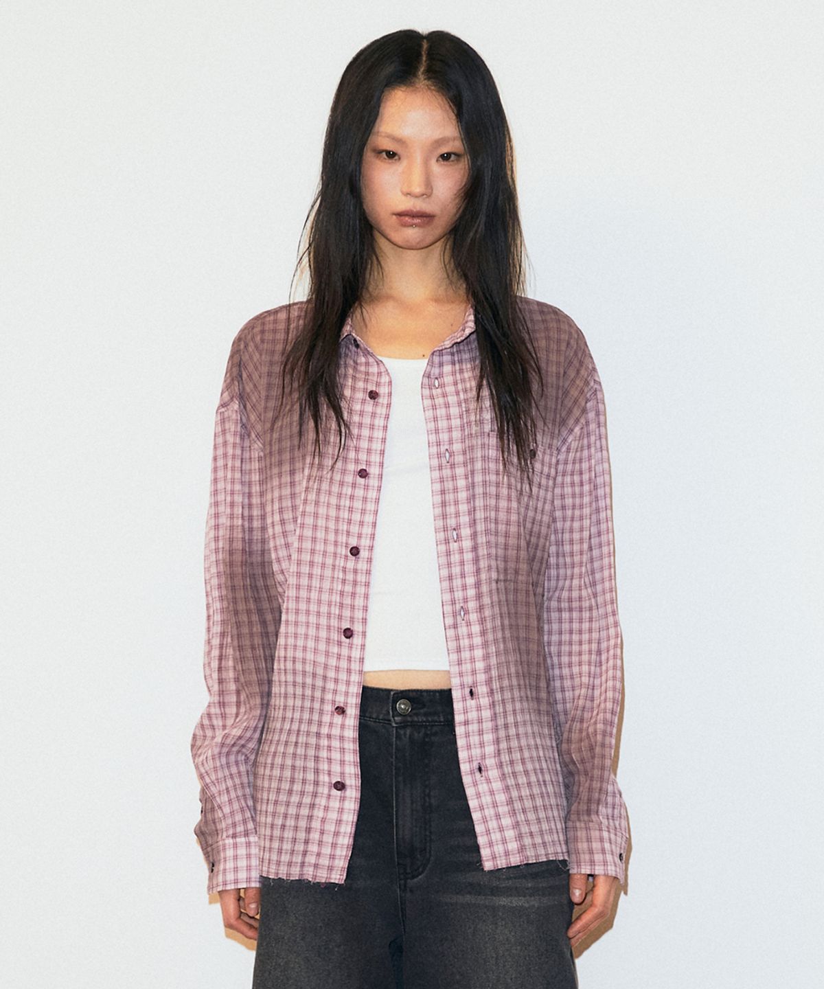 마하그리드(MAHAGRID) SPRAY DYEING CHECK CROP SHIRT PURPLE(MG2GSMW322A)