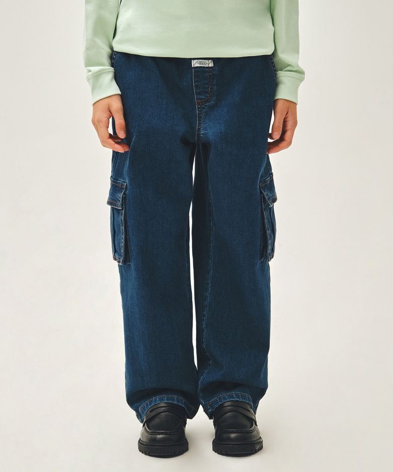 KIDS STRAIGHT CARGO DENIM PANTS blue