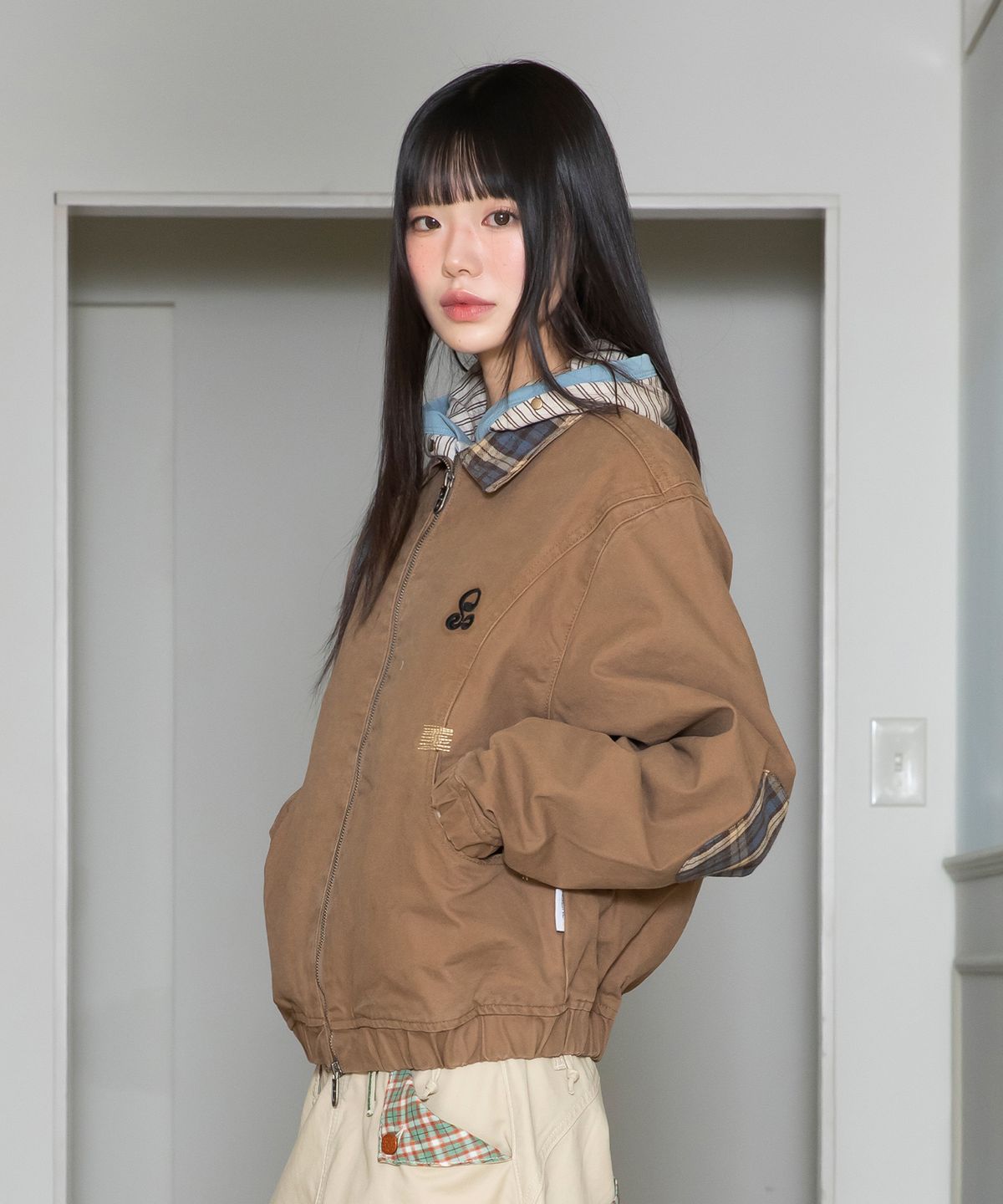 루나키후(RuNaKi'Hu') WXJ036 하루미치 체크 배색 워크자켓 (BROWN)