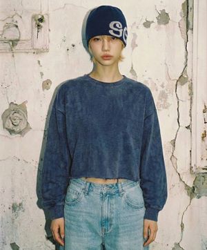 피그먼트 컷오프 오버사이즈 크롭 스웻셔츠 네이비
