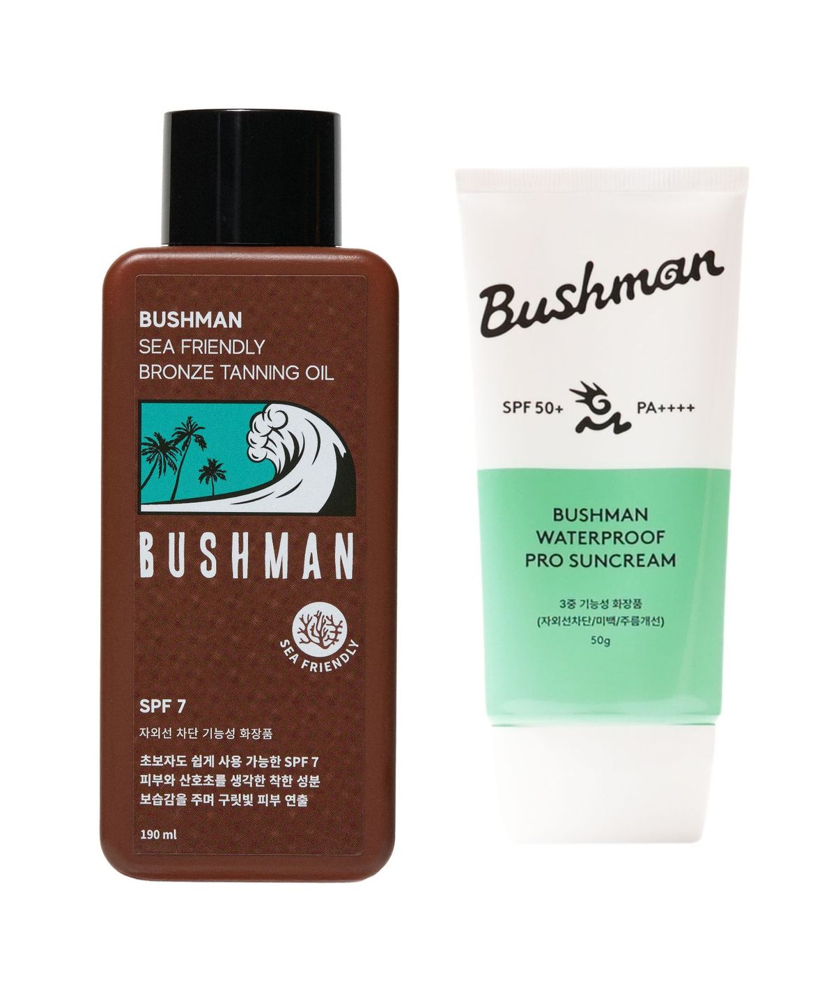 부쉬맨(BUSHMAN) 부쉬맨 씨프렌들리 브론즈 태닝오일 190ml SPF7, 워터프루프 프로 선크림 50g SPF50+ PA++++ 2종 세트