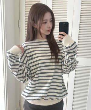 스트라이프 포인트 자수 맨투맨 티셔츠 [3color]