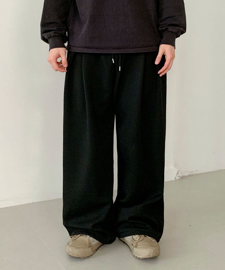UNISEX 페이 기모 더블 핀턱 벌룬 투웨이 와이드 트레이닝 팬츠_블랙