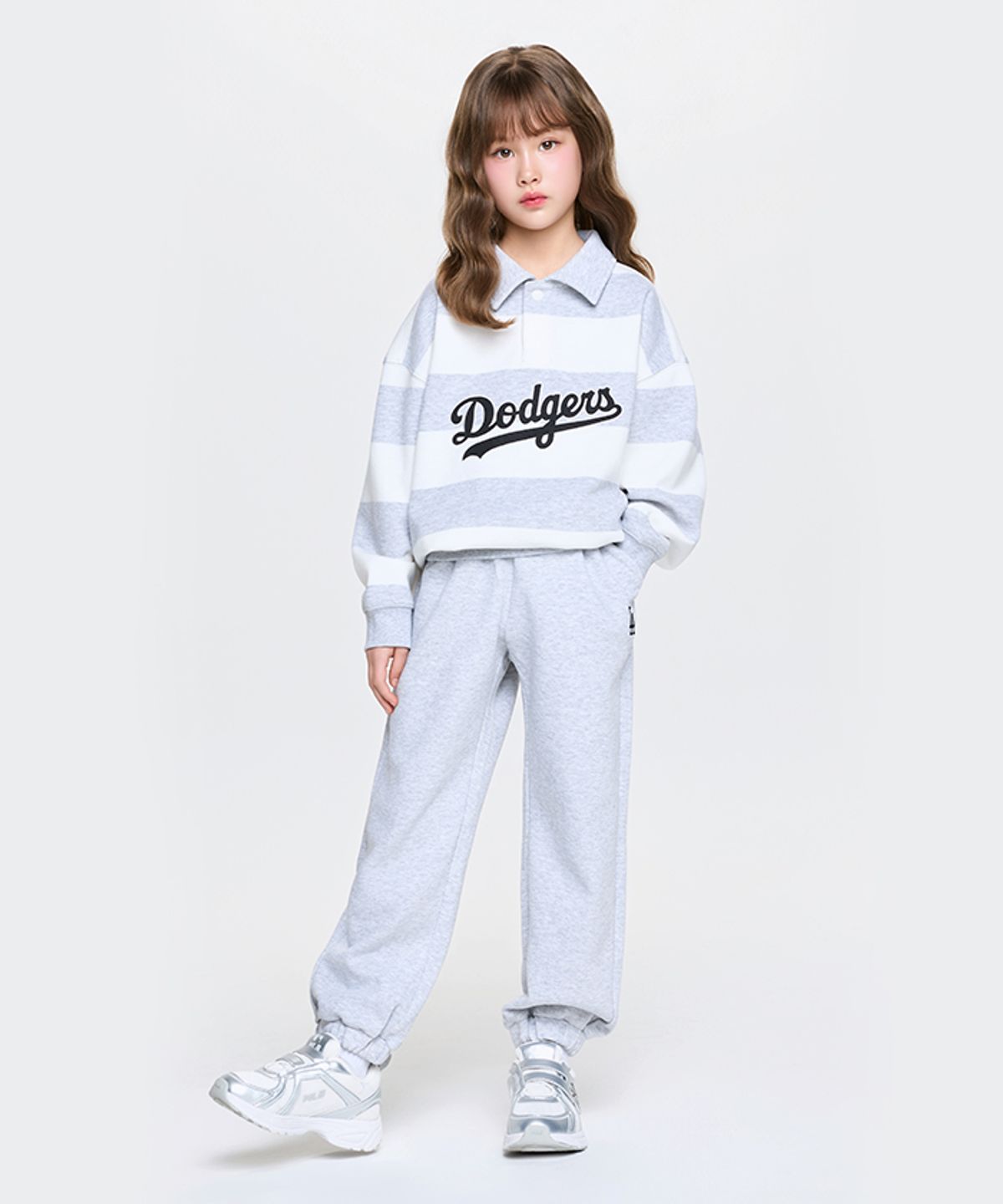 엠엘비 키즈(MLB KIDS) 스포티브 바시티 럭비 스트라이프 카라 맨투맨세트 LA (L.Melange Grey)