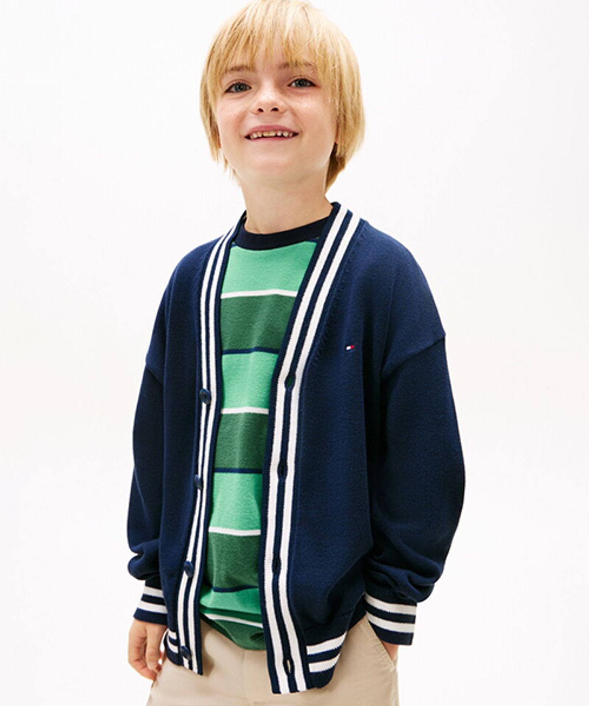 타미힐피거 키즈(TOMMY HILFIGER KIDS) 바시티 립 브이넥 니트 가디건