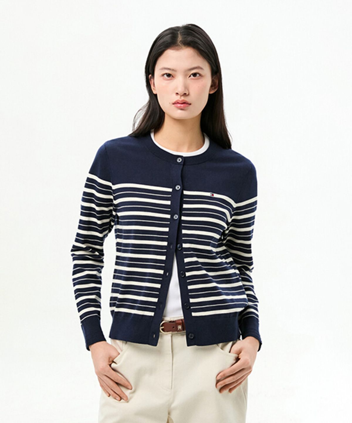 타미힐피거(TOMMY HILFIGER) 코튼 저지 크루넥 가디건 (T22G0KCD001WT20A6)