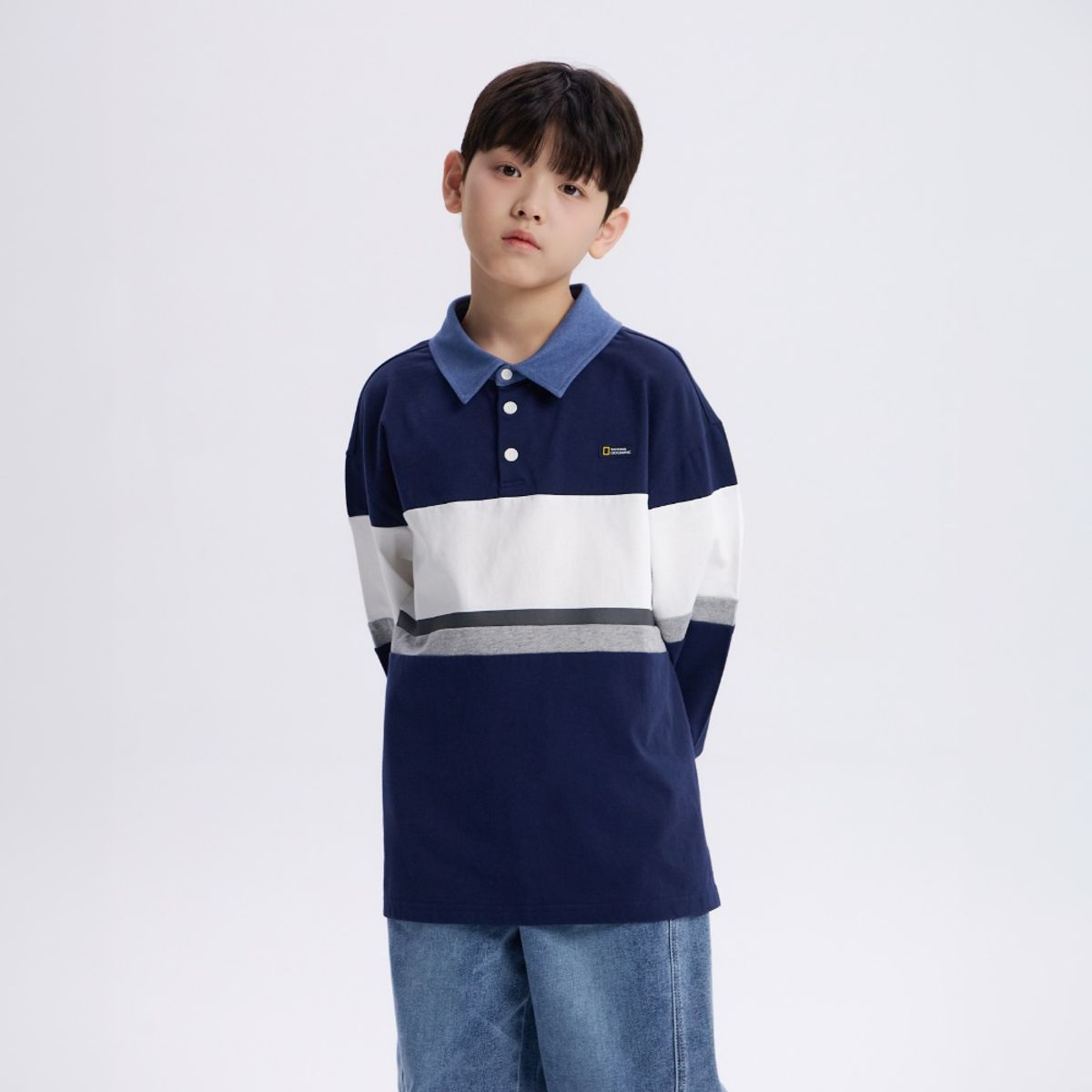 내셔널지오그래픽 키즈(NATIONAL GEOGRAPHIC KIDS) K261UTS930 컬러 블럭 카라 L/TEE NAVY