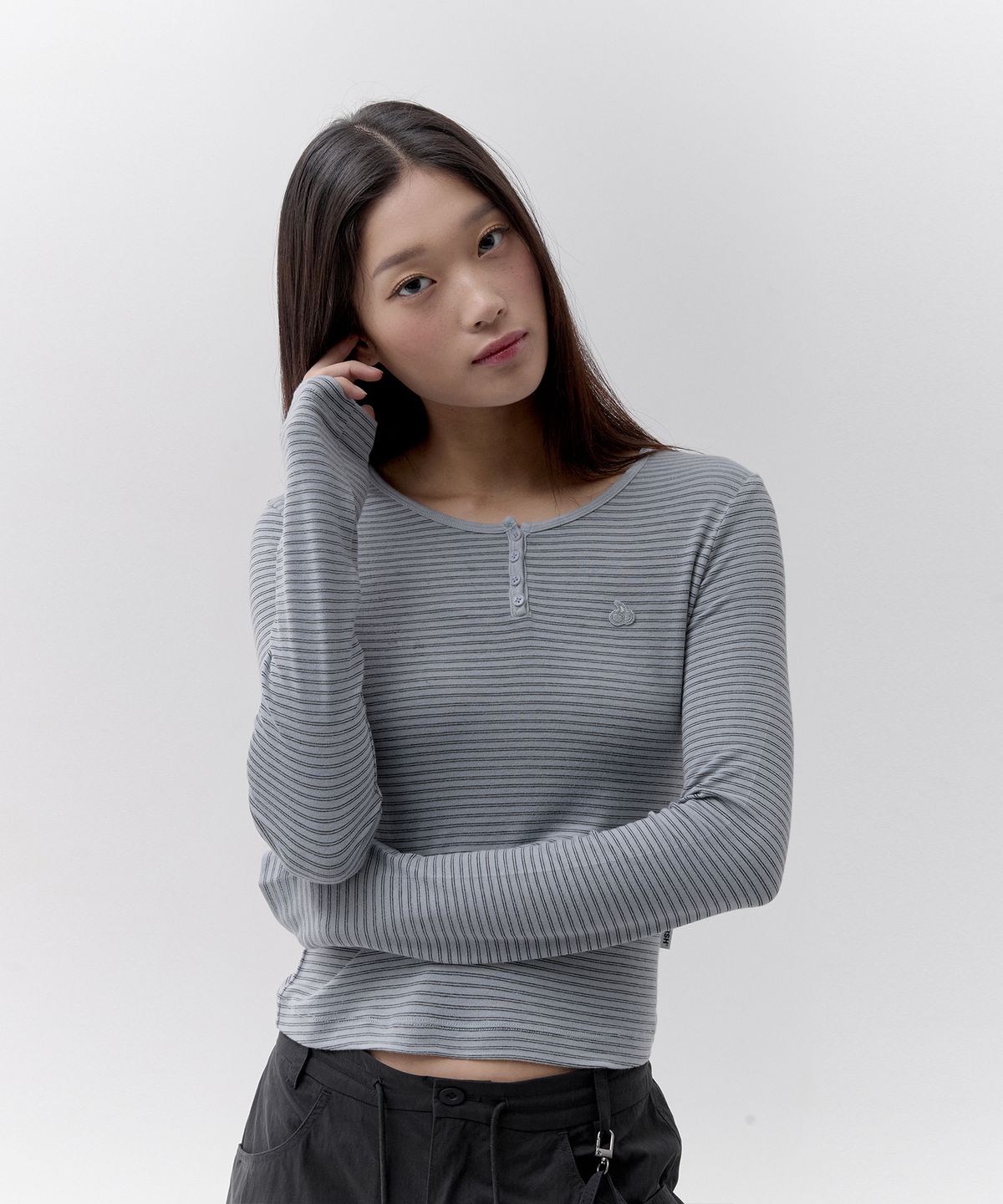 키르시(KIRSH) 스몰 체리 헨리넥 스트라이프 롱 슬리브 [블루]