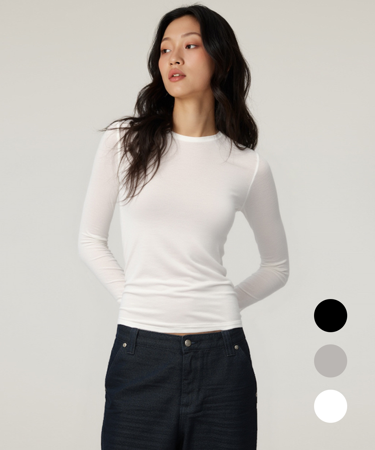 버튼서울(BUTTON SEOUL) [우먼즈] 울블렌드 베이직 슬림 브이넥 롱슬리브 티셔츠 (3 COLORS)