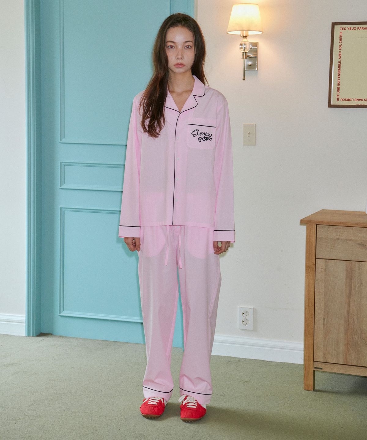 슬리피곰(SLEEPYGOM) Pink Black Piping Pajama Set