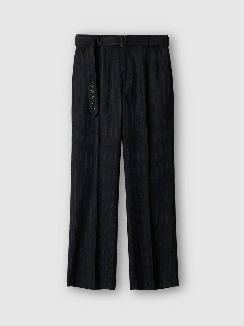 HERRINGBONE BELTED STRAIGHT FLARE TROUSERS BLACK