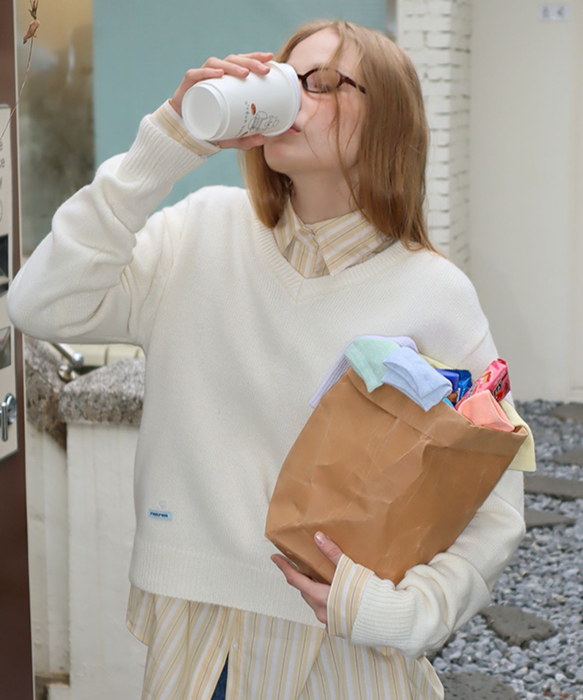론론(RONRON) DAILY SOFT V NECK KNIT IVORY