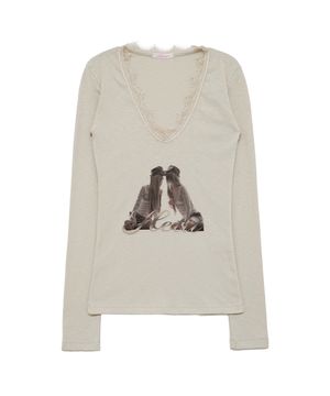 트윈 레이스 트림 티셔츠 (베이지)