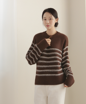 버튼 스트라이프 니트_브라운