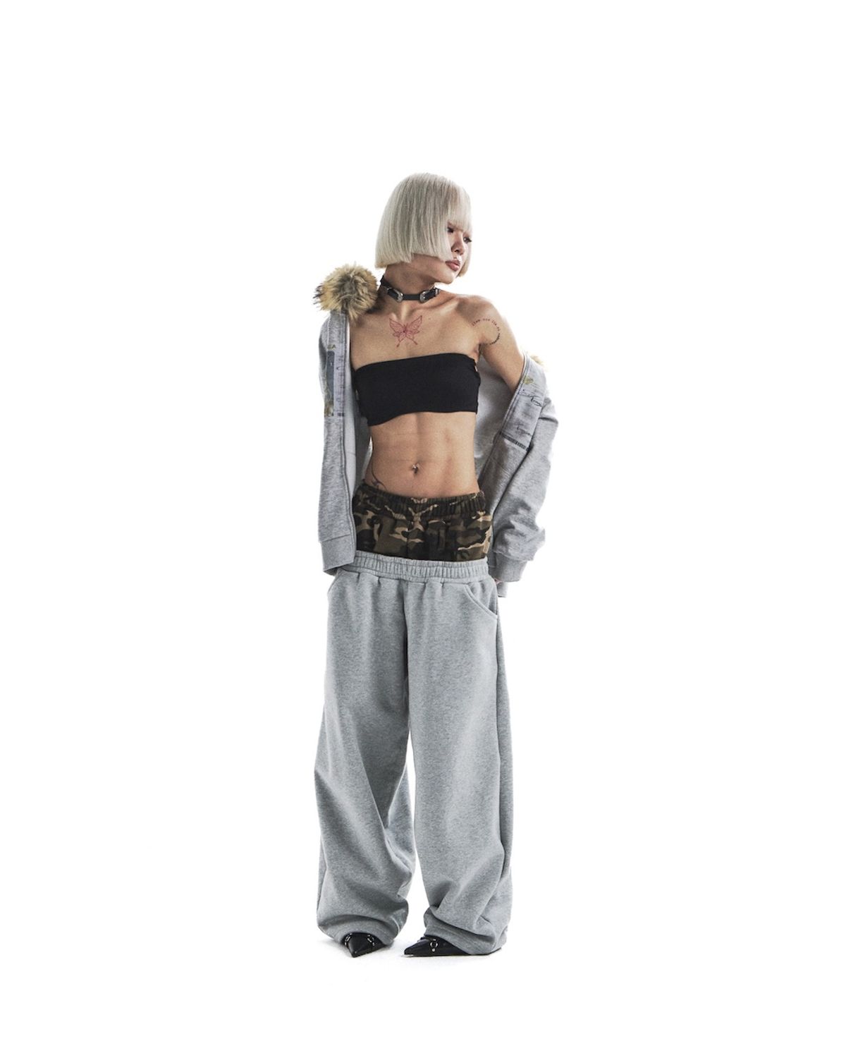 카이야(KAIYA) sheena camo layered pants - gray