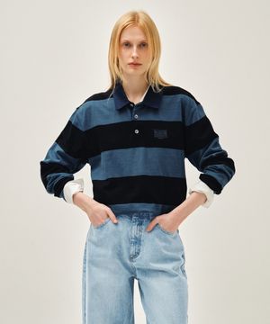 WASHED DENIM COLLAR LONG SLEEVE TEE blue