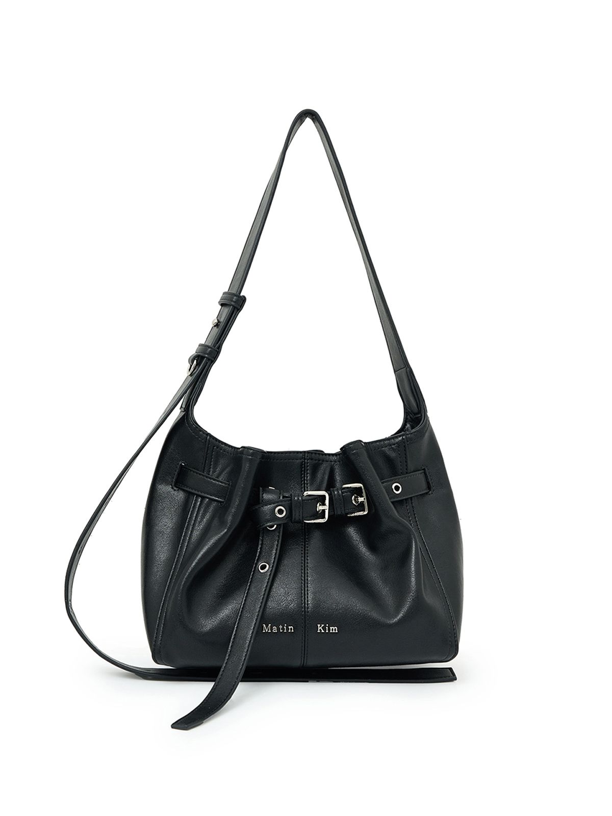 마뗑킴(MATIN KIM) BELTED VOLUNN SMALL BUCKET BAG IN BLACK